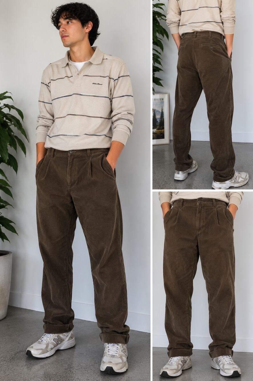 Eddie Bauer Brown Wide Wale Corduroy Pants Mens 36x34 Pleated Vintage Classic